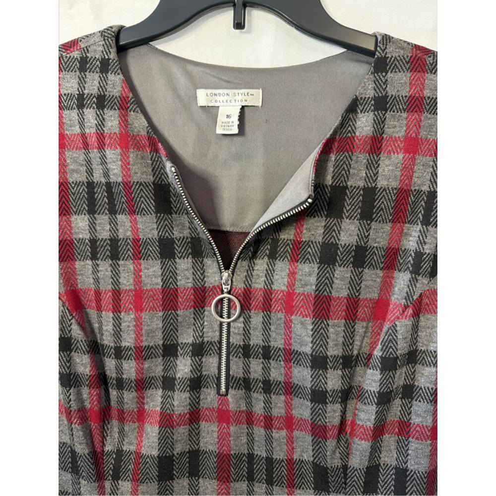 London Collection Plaid Knit Dress Size 16 1/4 Zip Preppy Workwear Office Chic